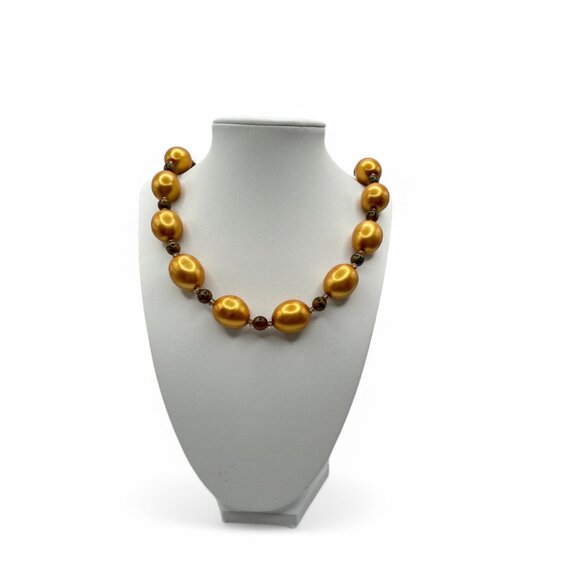 Vintage JOAN RIVERS Golden Egg Pearl Style Necklace with Tiger's Eye Beads - Picture 2 of 8